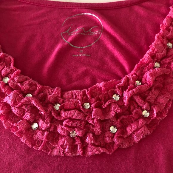 Hot Pink INC Cap Sleeve Shirt w/Neckline Bling & Lace Detailing - Picture 3 of 5